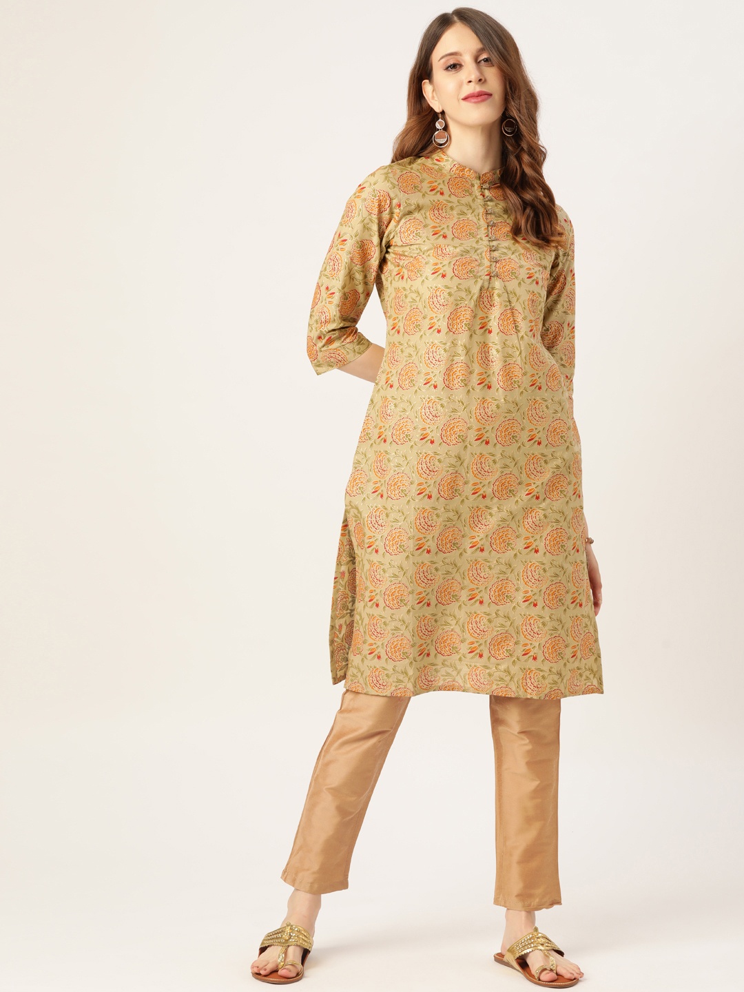

Sangria Women Beige & Olive Green Pure Cotton Ethnic Motifs Print Straight Kurta