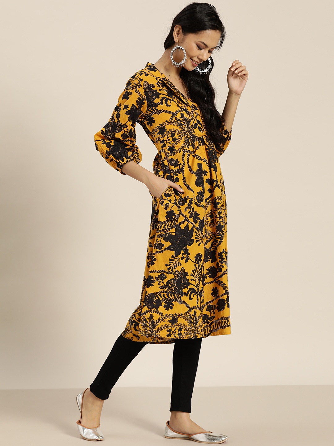 

Sangria Women Mustard Yellow & Black Floral Printed Pure Cotton A-Line Kurta