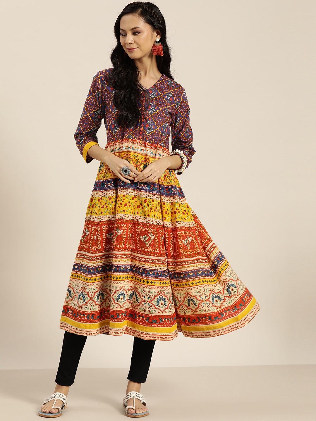 

Sangria Women Mustard Yellow & Navy Blue Ethnic Motifs Printed Pure Cotton A-Line Kurta