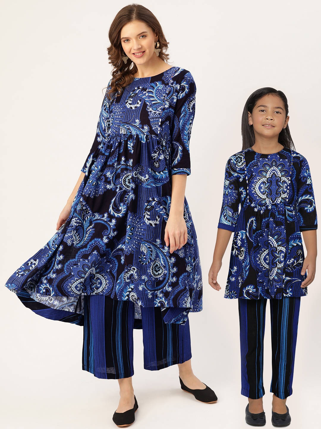 

Sangria Girls Blue & Black Ethnic Motifs Print A-Line Kurta & Trousers