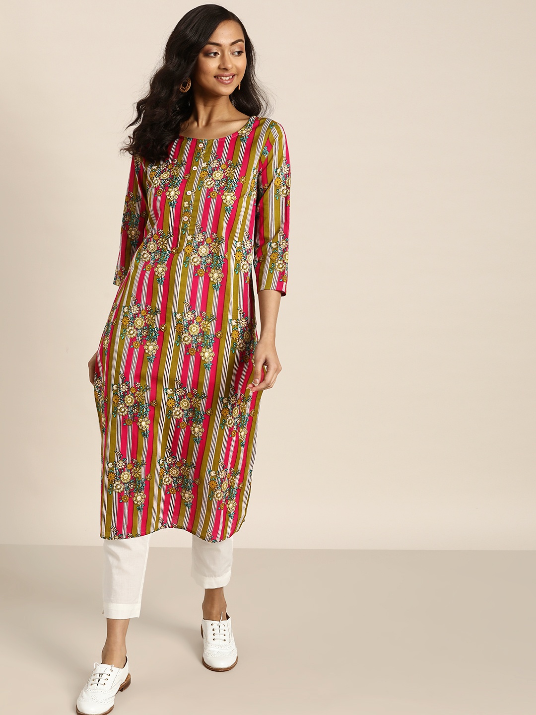 

Sangria Women Pink & Olive Green Striped Pure Cotton Kurta