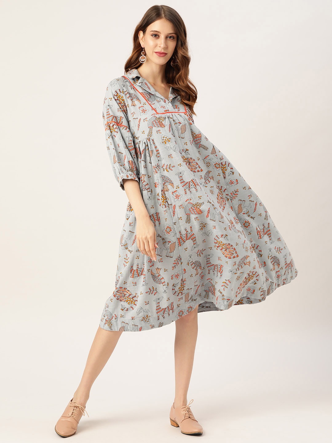 

Sangria Grey & Orange Cotton Ethnic Motifs Ethnic A-Line Midi Dress