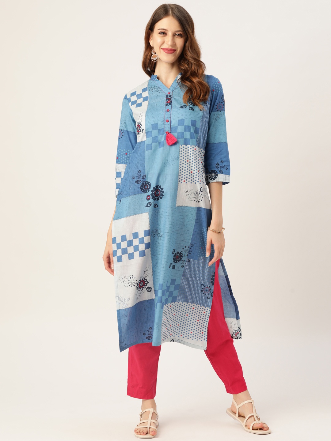 

Sangria Women Blue & Off White Geometric Print Cotton Kurta with Tasselled Detail