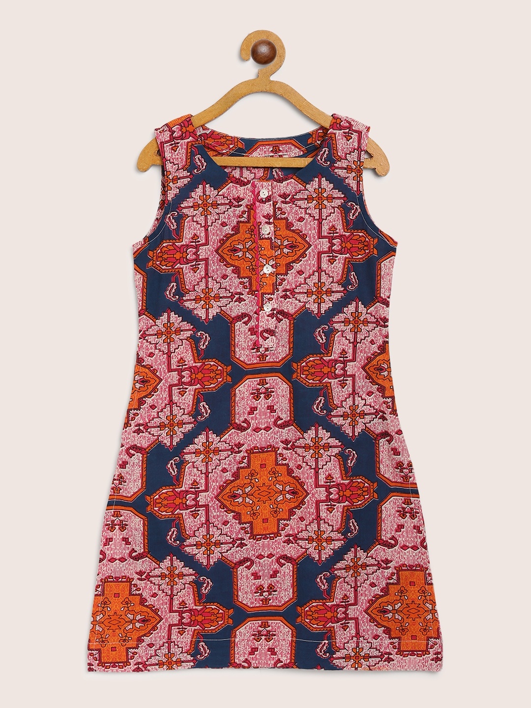 

Sangria Girls Navy Blue & Pink Geometric Print Cotton A-Line Kurta