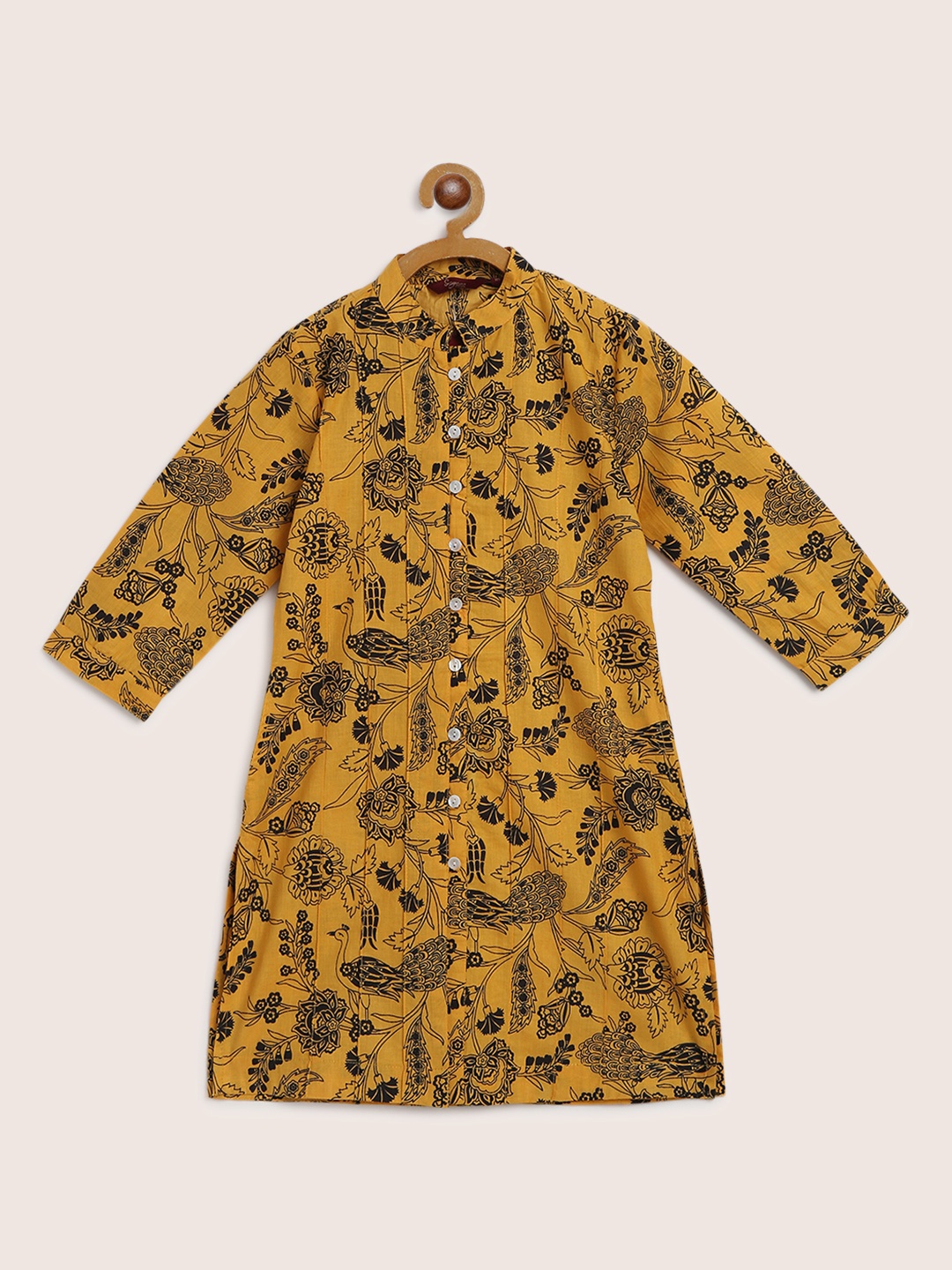 

Sangria Girls Mustard Yellow & Black Ethnic Motifs Print Pure Cotton Staight Kurta
