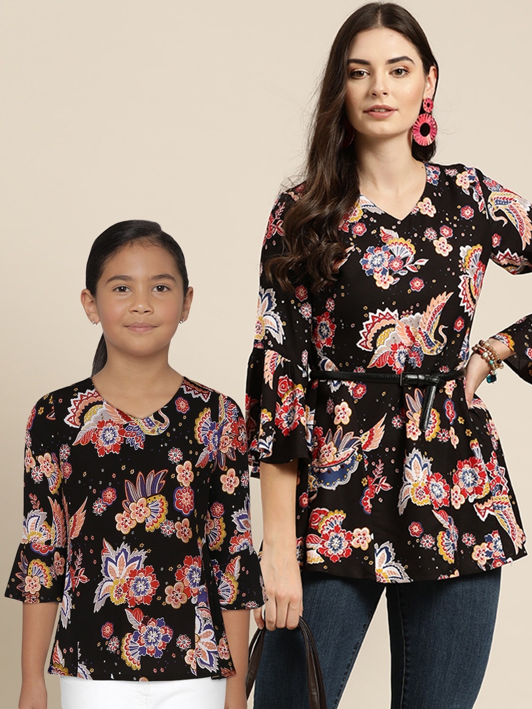 

Sangria Girls Multicoloured Floral Print Flared Sleeves A-Line Top, Multi