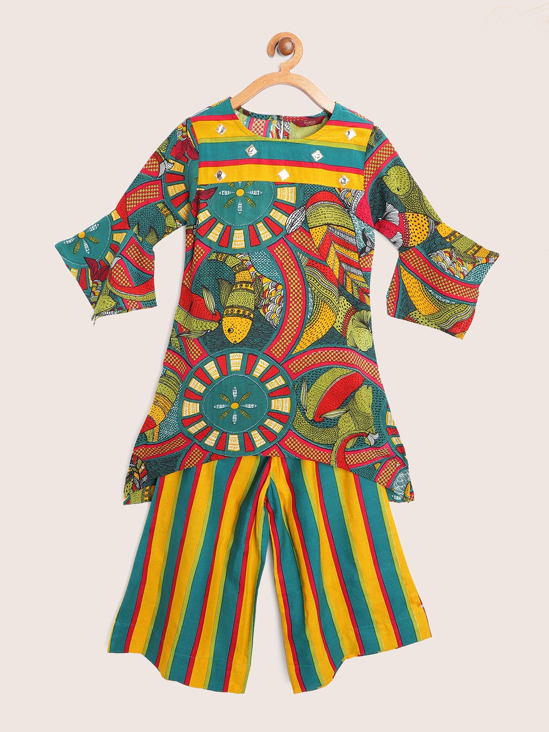 

Sangria Girls Green & Yellow Ethnic Motifs Printed Regular Mirror Work Kurta with Palazzos