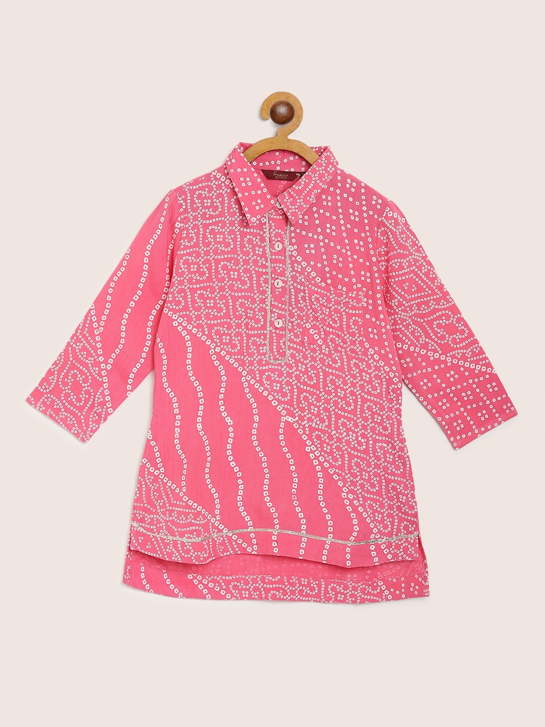 

Sangria Girls Pink & White Bandhani Printed Gotta Patti Detail Straight Kurta