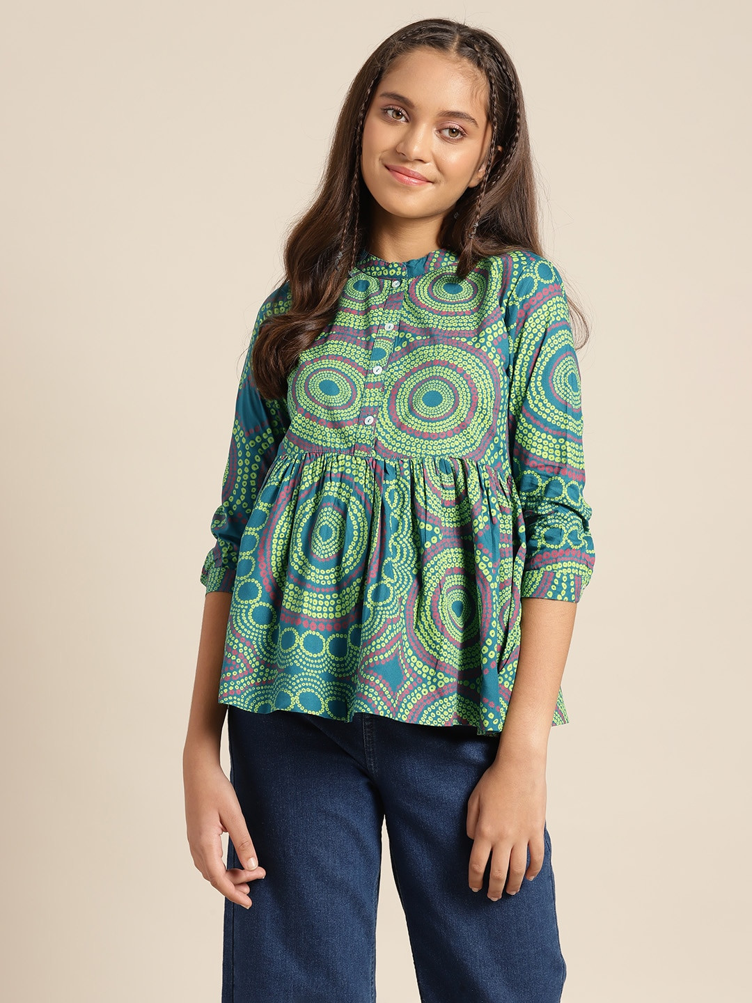 

Sangria Girls Green & Red Mandarin Collar Printed A-Line Top