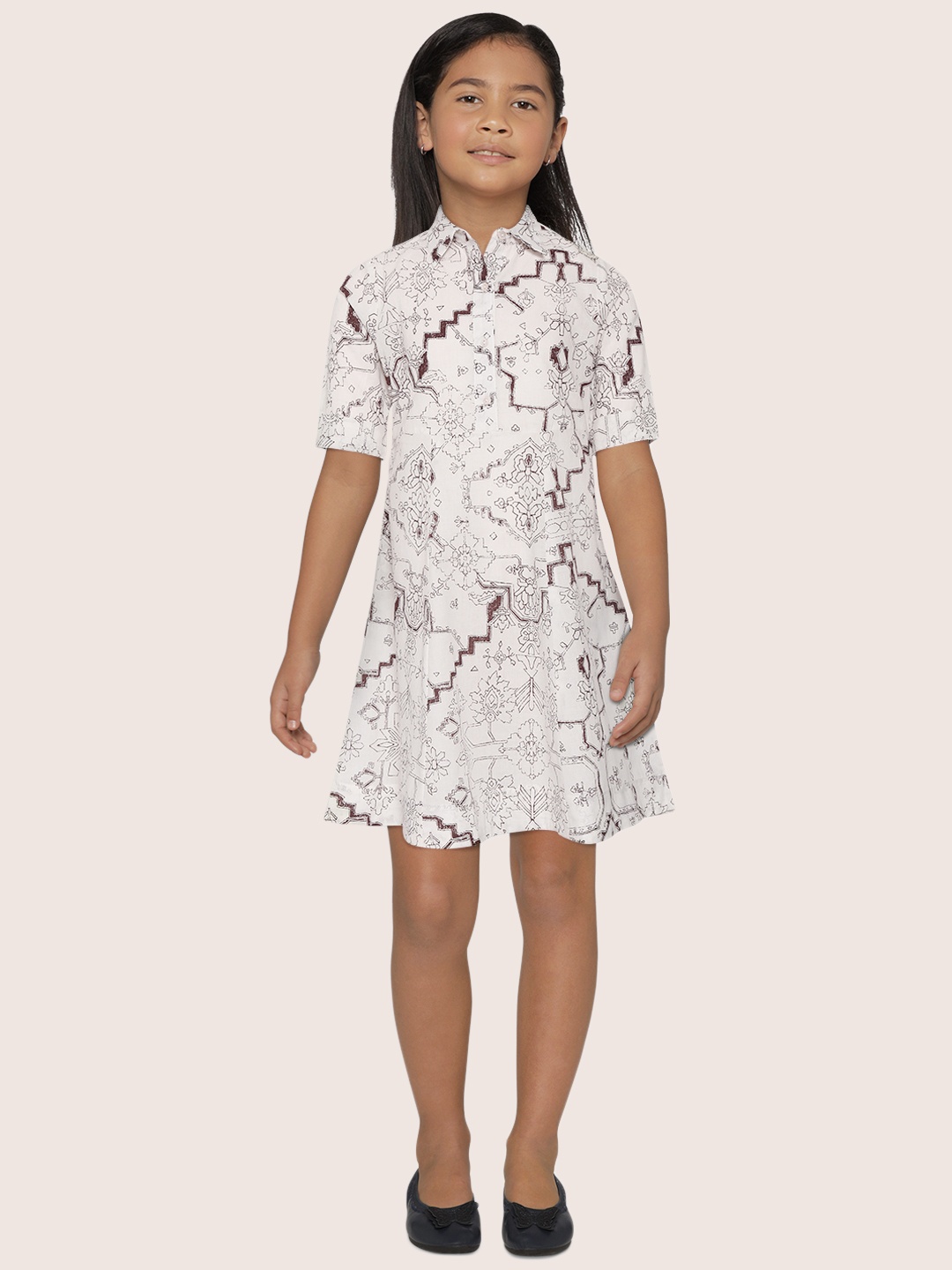 

Sangria Girls Off-White & Brown Printed Cotton Shirt Dress
