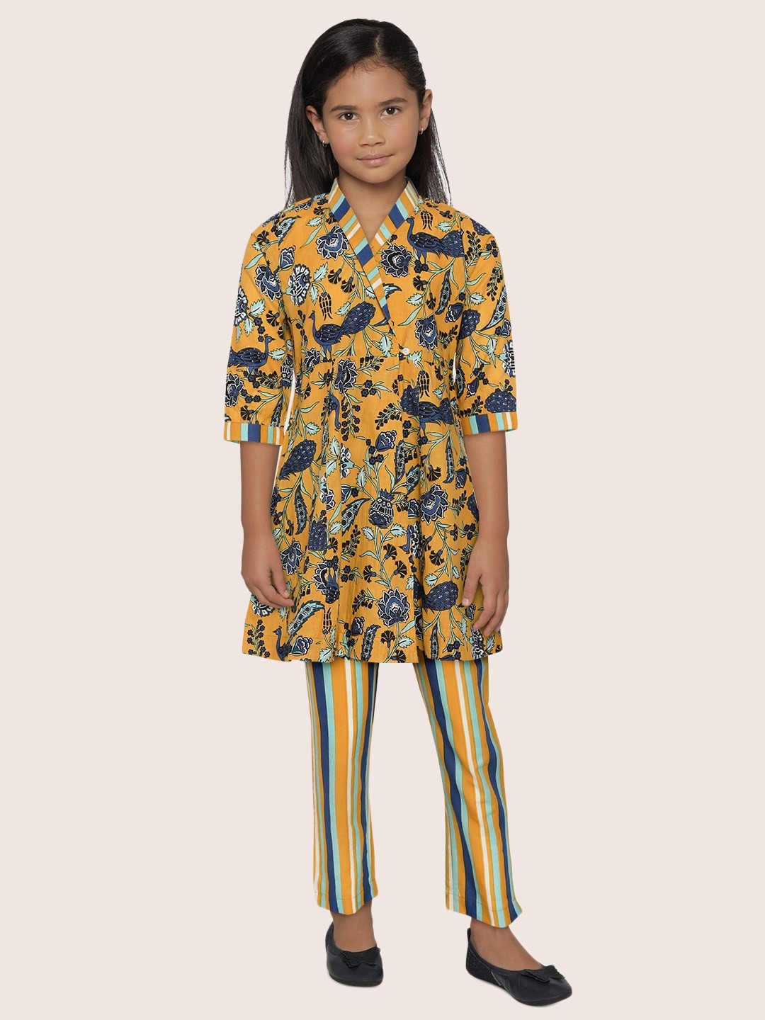 

Sangria Girls Mustard Yellow & Navy Blue Printed Angrakha Kurta with Trousers