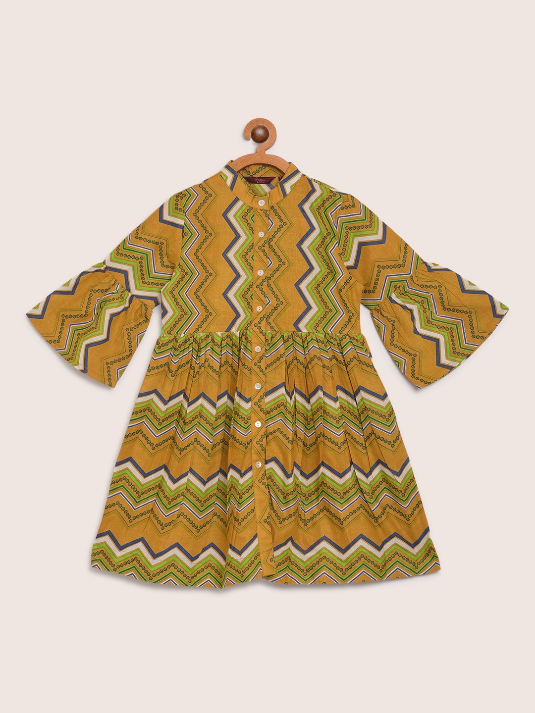 

Sangria Girls Mustard Yellow & Green Chevron Print Cotton Fit & Flare Dress