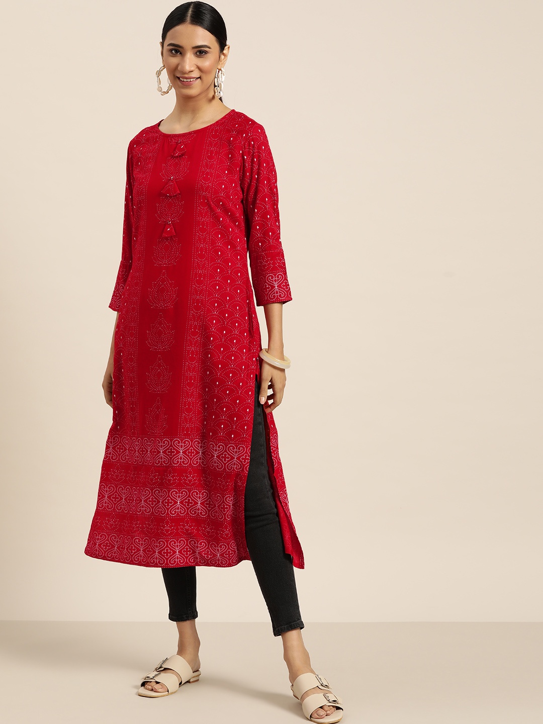 

Sangria Women Red & White Ethnic Motifs Printed Kurta