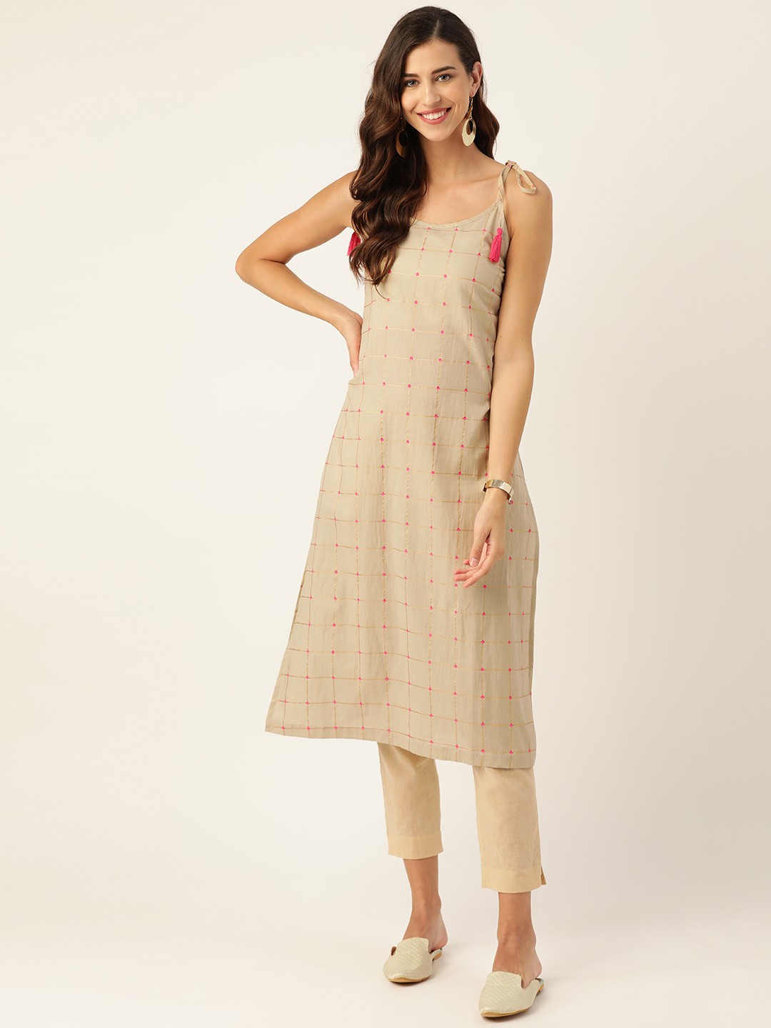 

Sangria Women Beige & Golden Checked Kurta