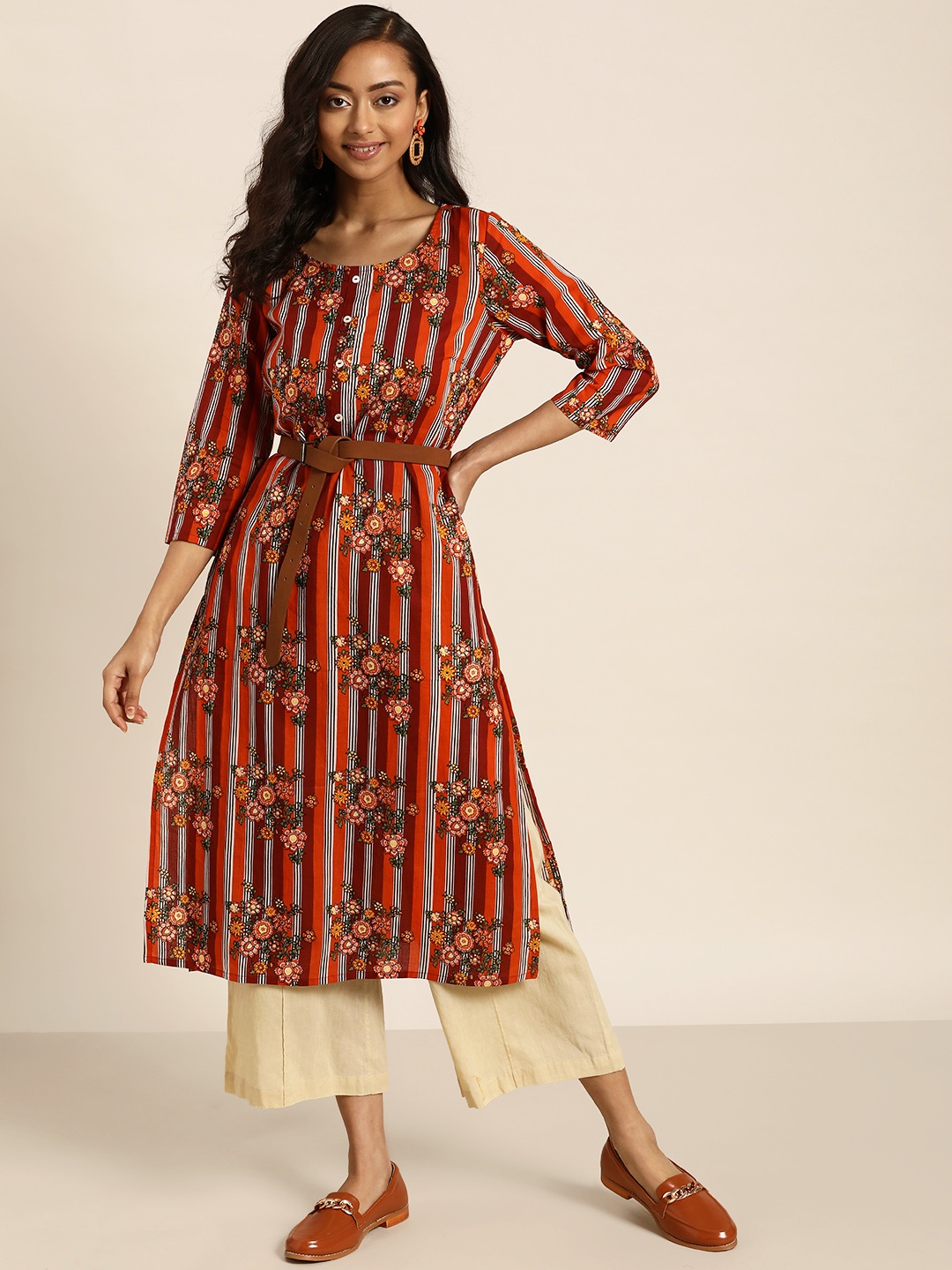 

Sangria Women Orange & White Striped Pure Cotton Kurta