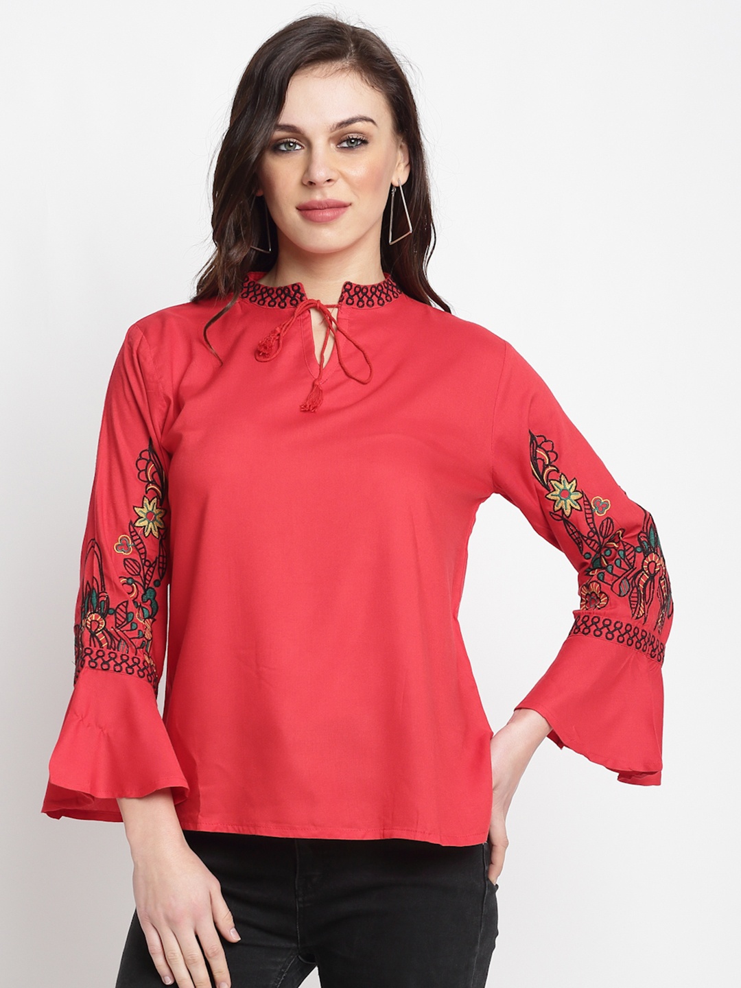 

Miaz Lifestyle Red Embroidered Tie-up Neck Flared Sleeves A-line Top