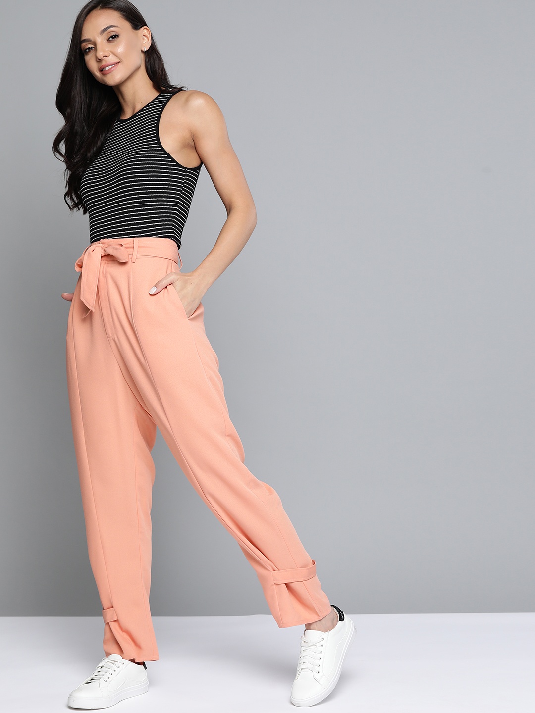 

Mast & Harbour Women Peach-Coloured Solid Pleated Trousers