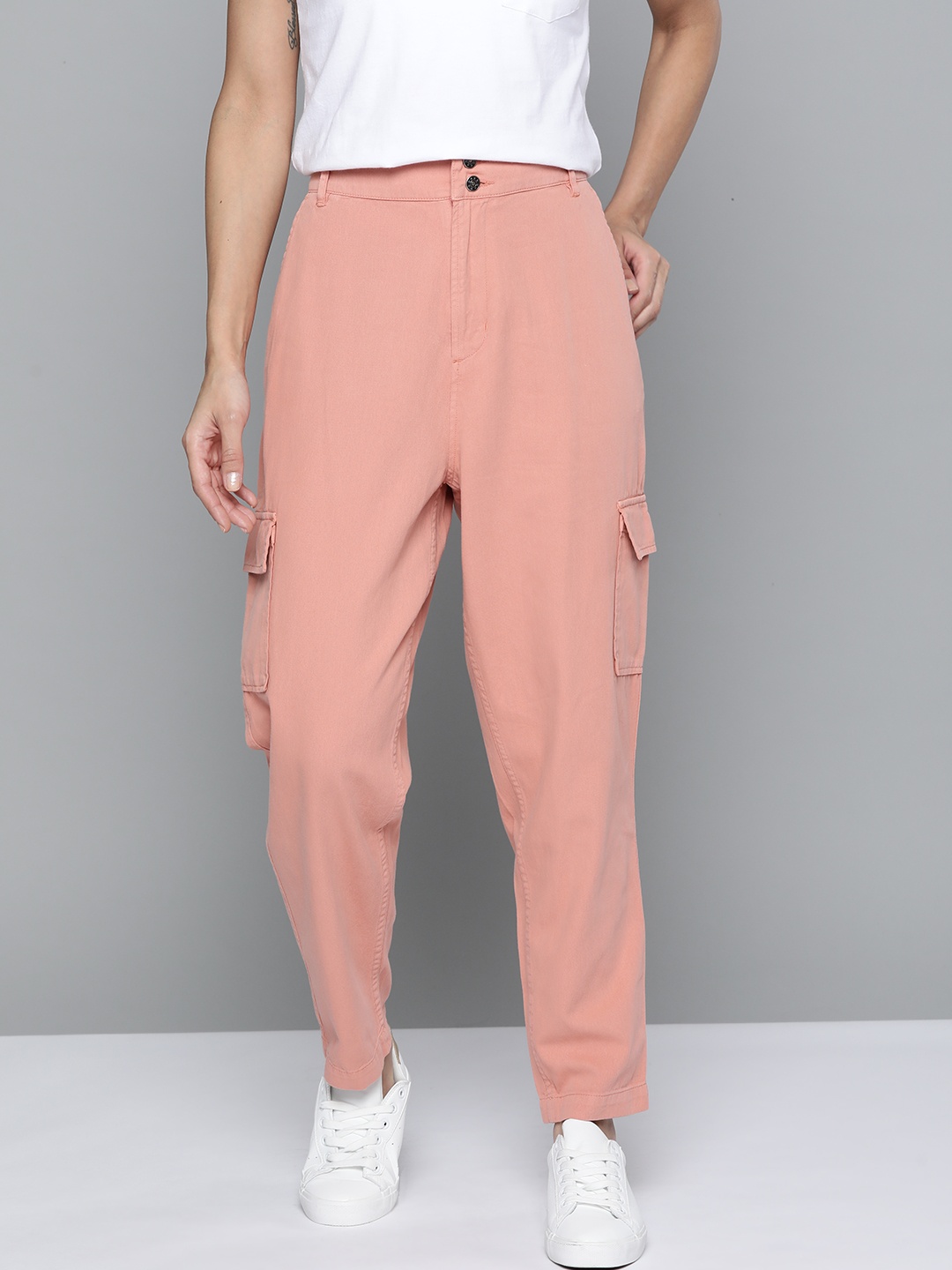 

Mast & Harbour Women Peach-Coloured High-Rise Cotton Cargo Trousers