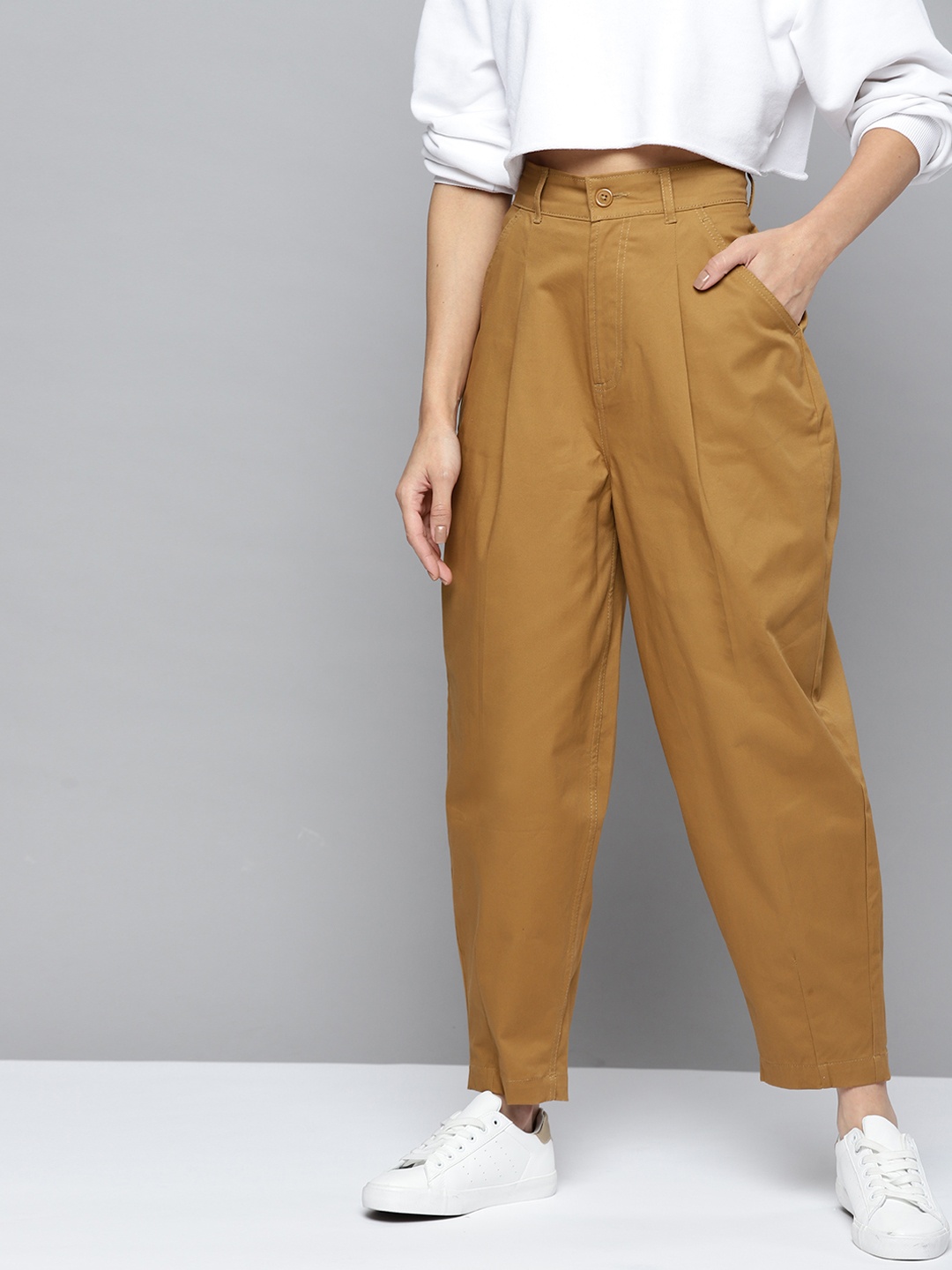 

Mast & Harbour Women Khaki Regular Fit High-Rise Pleated Cropped Trousers