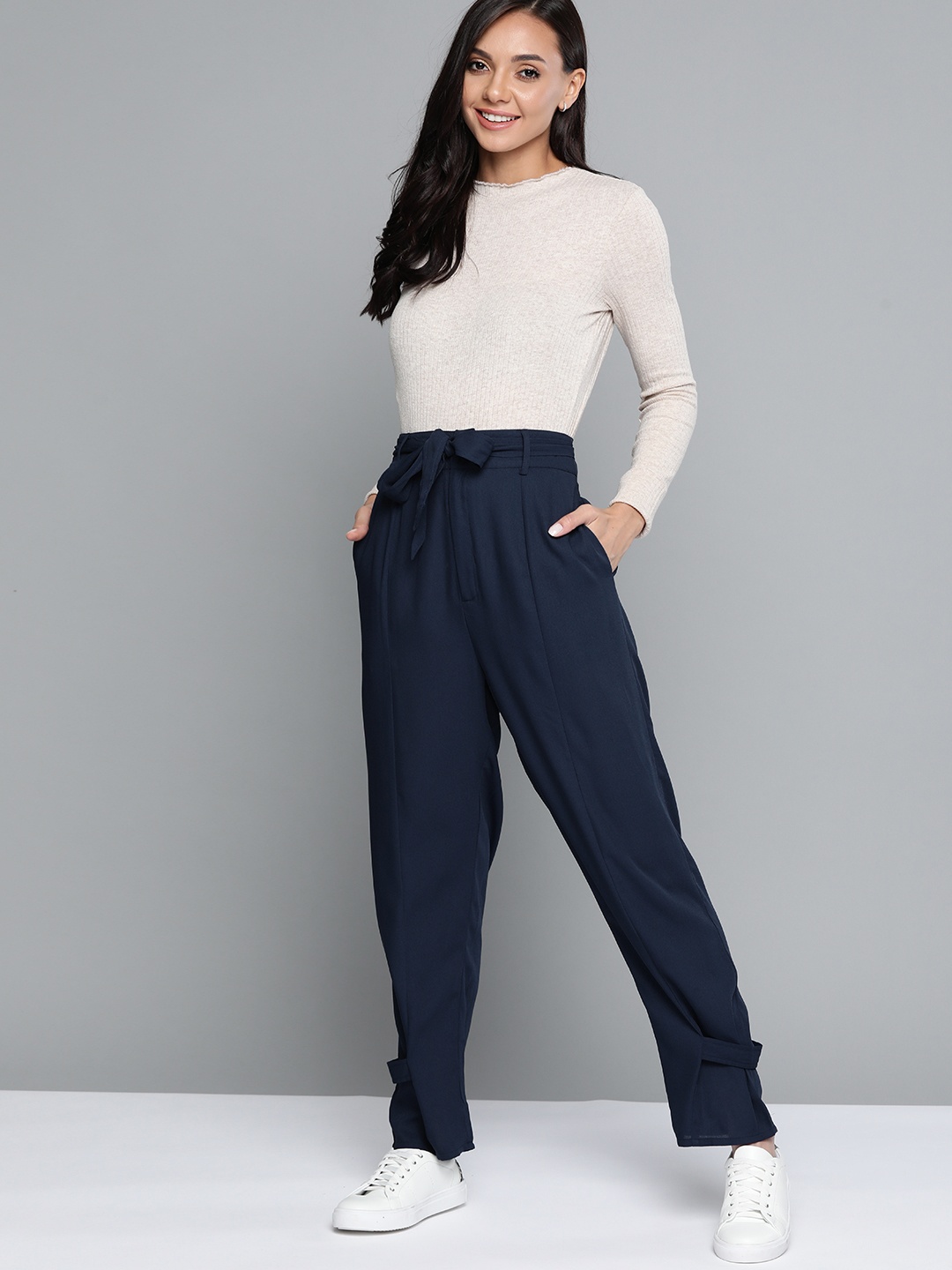 

Mast & Harbour Women Navy Blue Solid Pleated Barrel Leg Trousers With Adjustable Hem