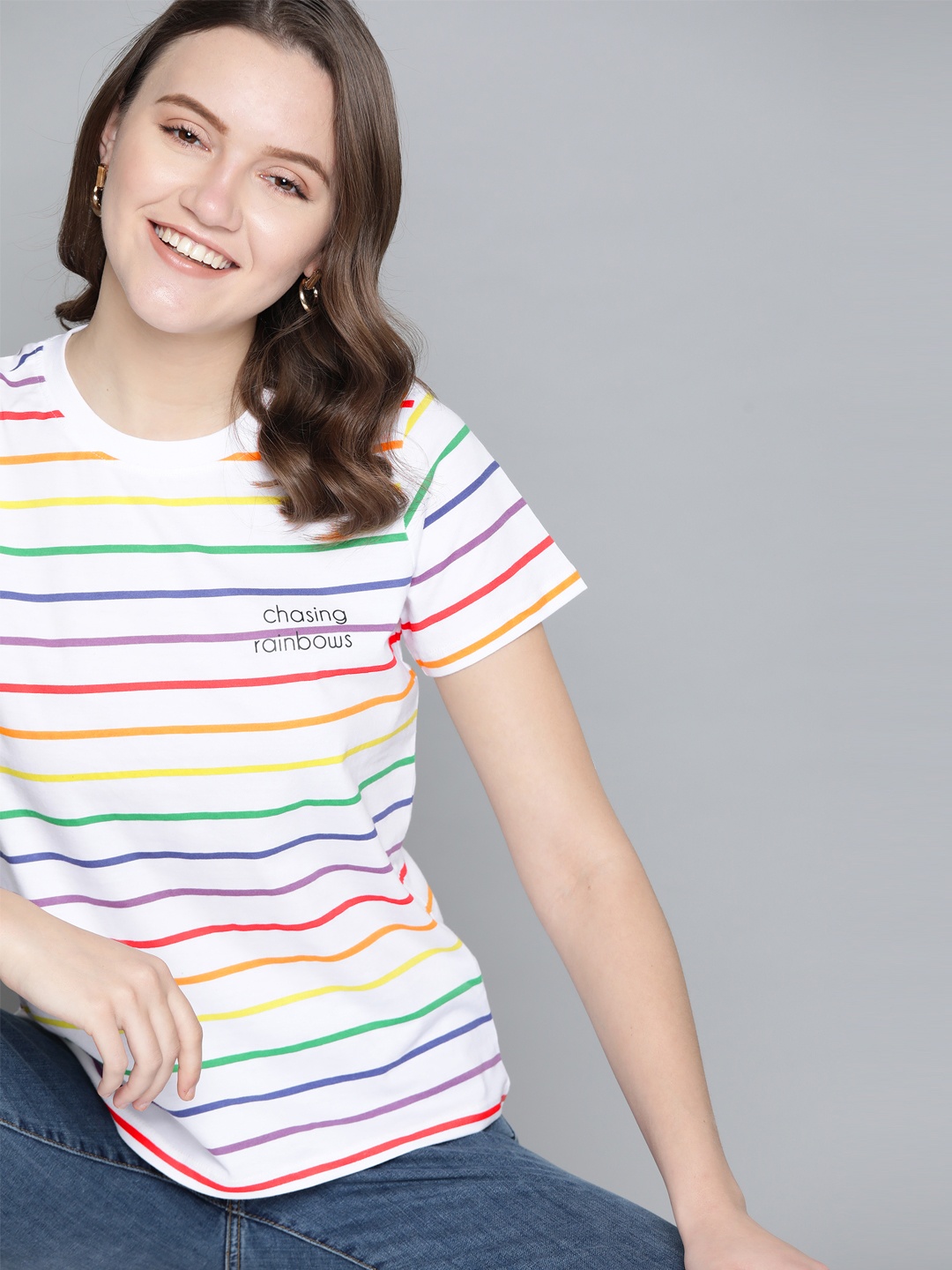 

Mast & Harbour Pride Women White & Yellow Pure Cotton Striped T-shirt