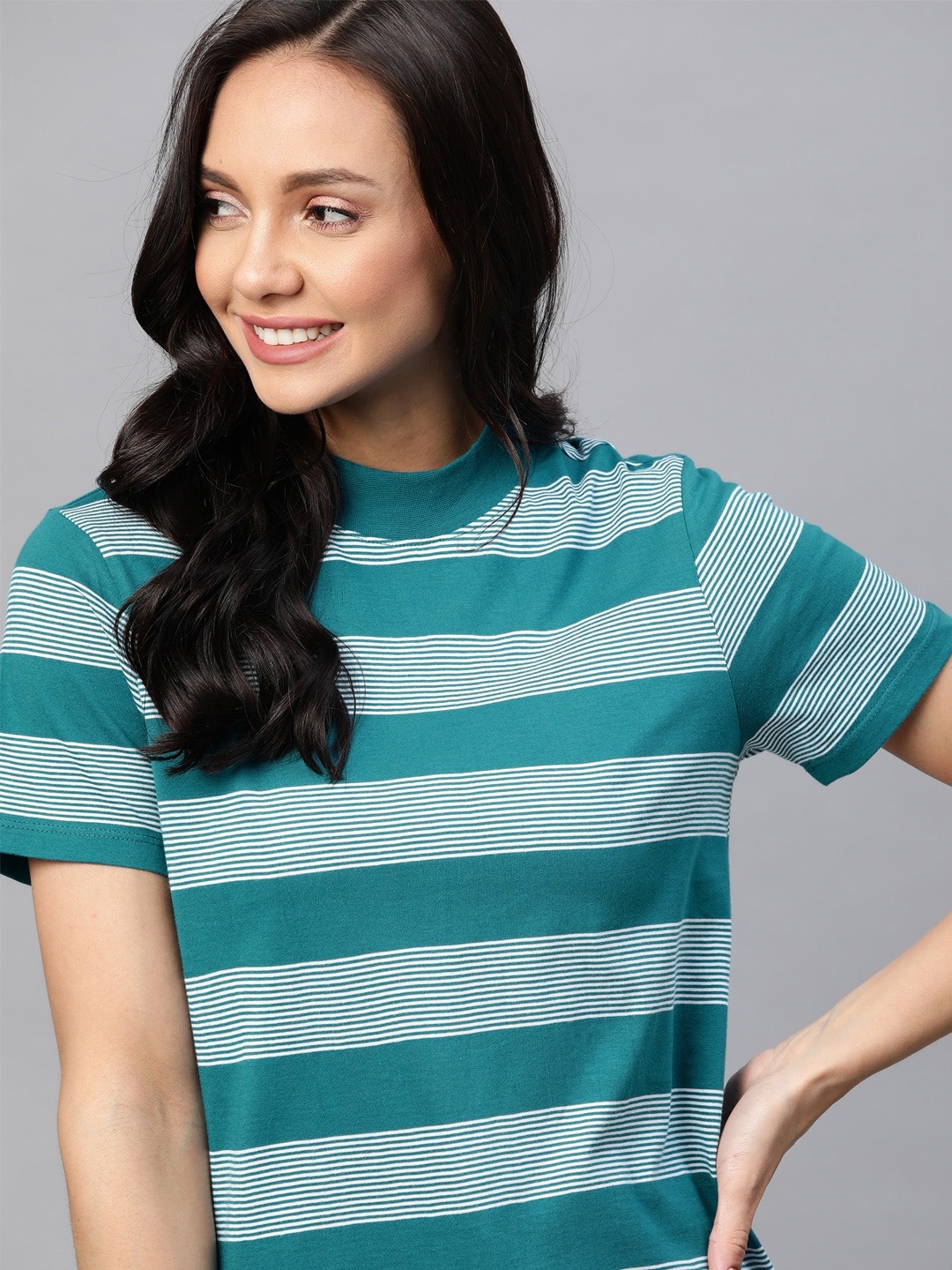 

Mast & Harbour Women Teal Blue & White Pure Cotton Striped High Neck T-shirt