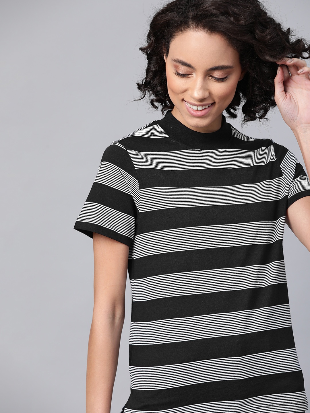 

Mast Harbour Women Black White Striped Monochrome Pure Cotton T-shirt