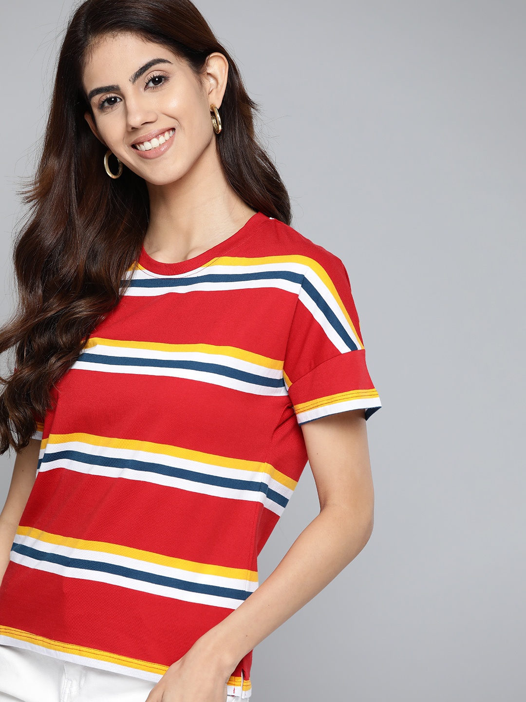 

Mast Harbour Women Red White Pure Cotton Relax Fit Striped Pure Cotton T-shirt