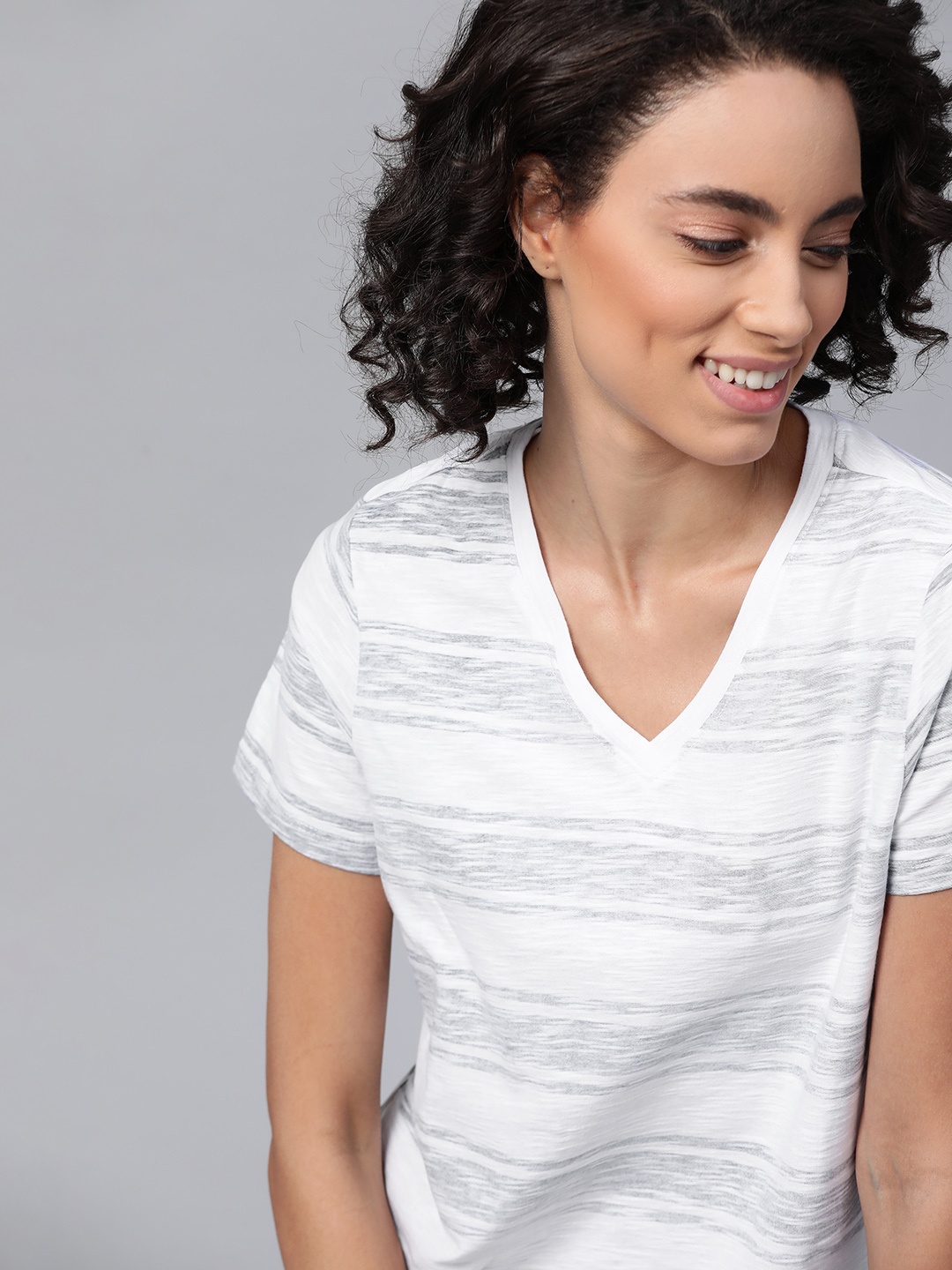 

Mast Harbour Women White Grey Reverse Side Striped Pure Cotton V-Neck Pure Cotton T-shirt