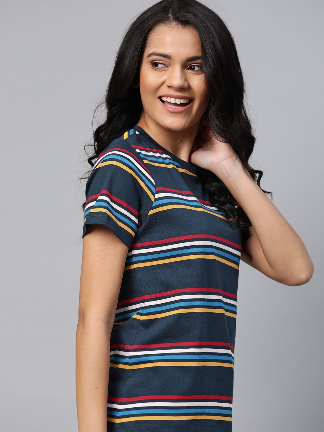 

Mast & Harbour Women Navy Blue & Red Striped Pure Cotton T-shirt