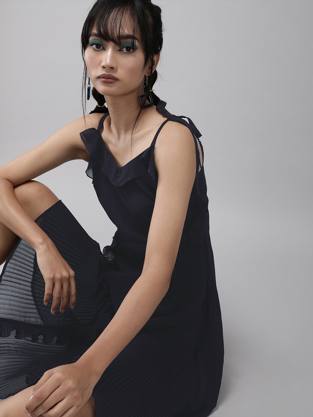 

MISH Intense Navy Blue Self Design Ruffle Pleated Fit and Flare Dress