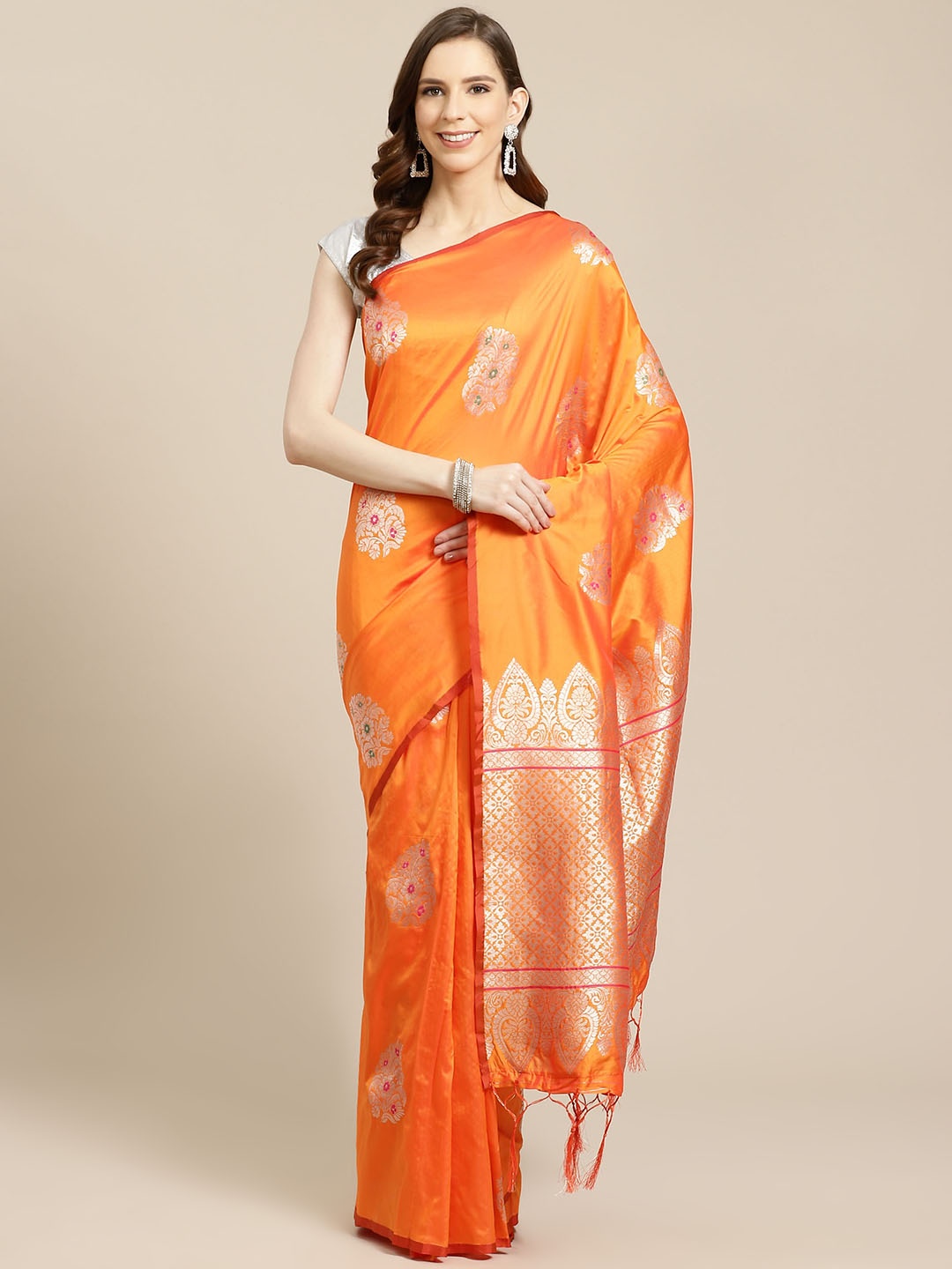 

SHOPGARB Orange & Golden Woven Design Banarasi Celebrity Saree