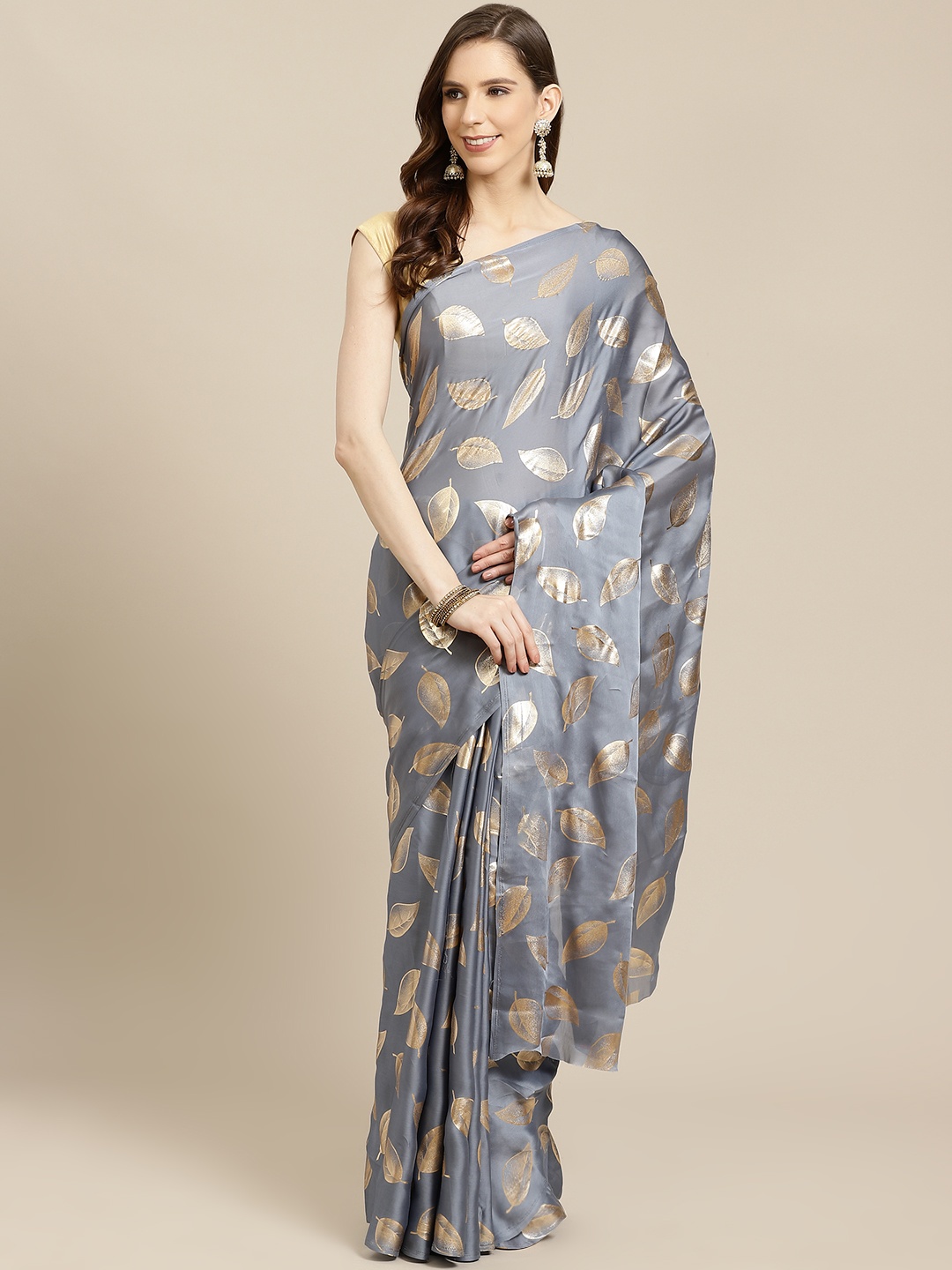 

SHOPGARB Charcoal Grey & Golden Printed Saree