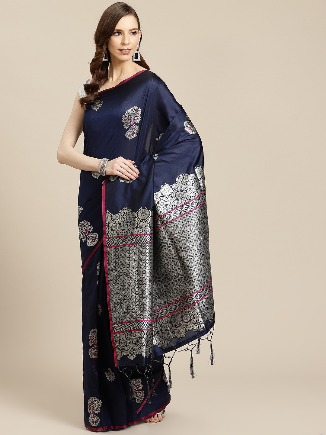 

SHOPGARB Navy Blue & Silver Woven Design Banarasi Celebrity Saree