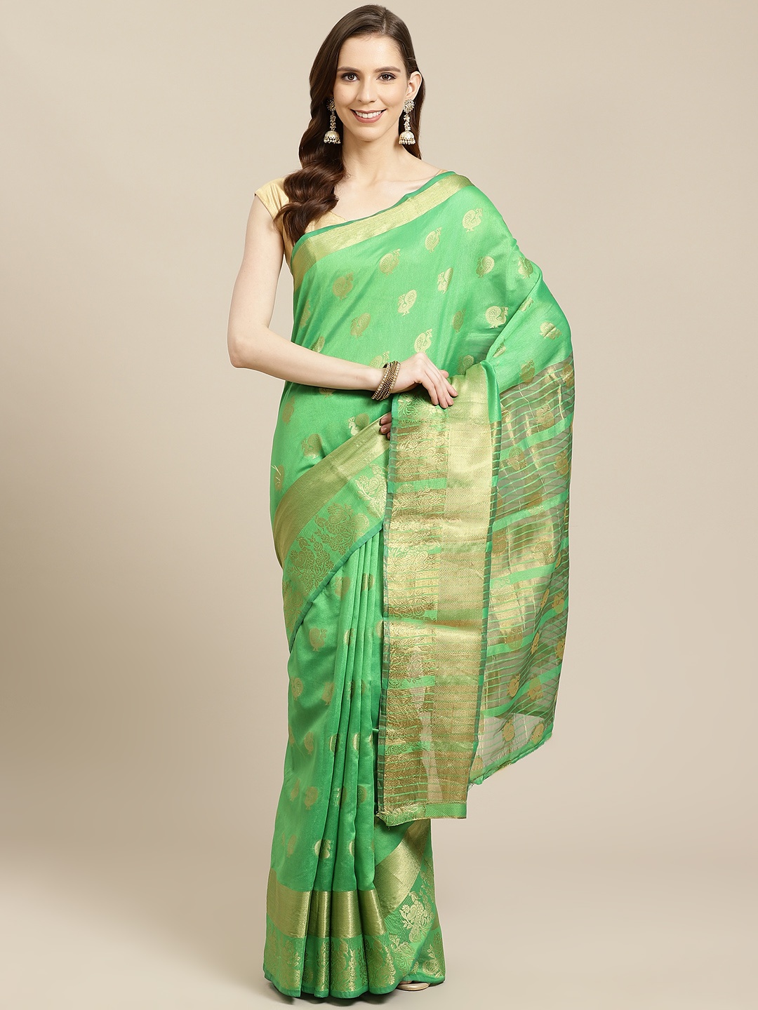 

SHOPGARB Green & Golden Peacock Woven Design Banarasi Saree