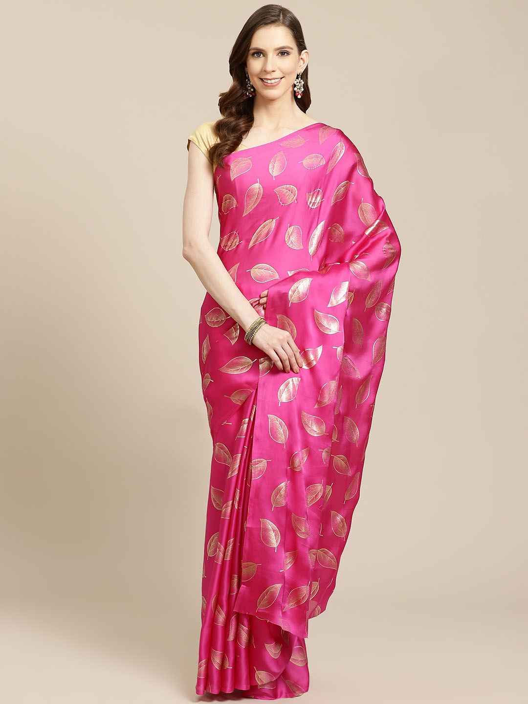 

SHOPGARB Pink & Golden Leaf Print Saree