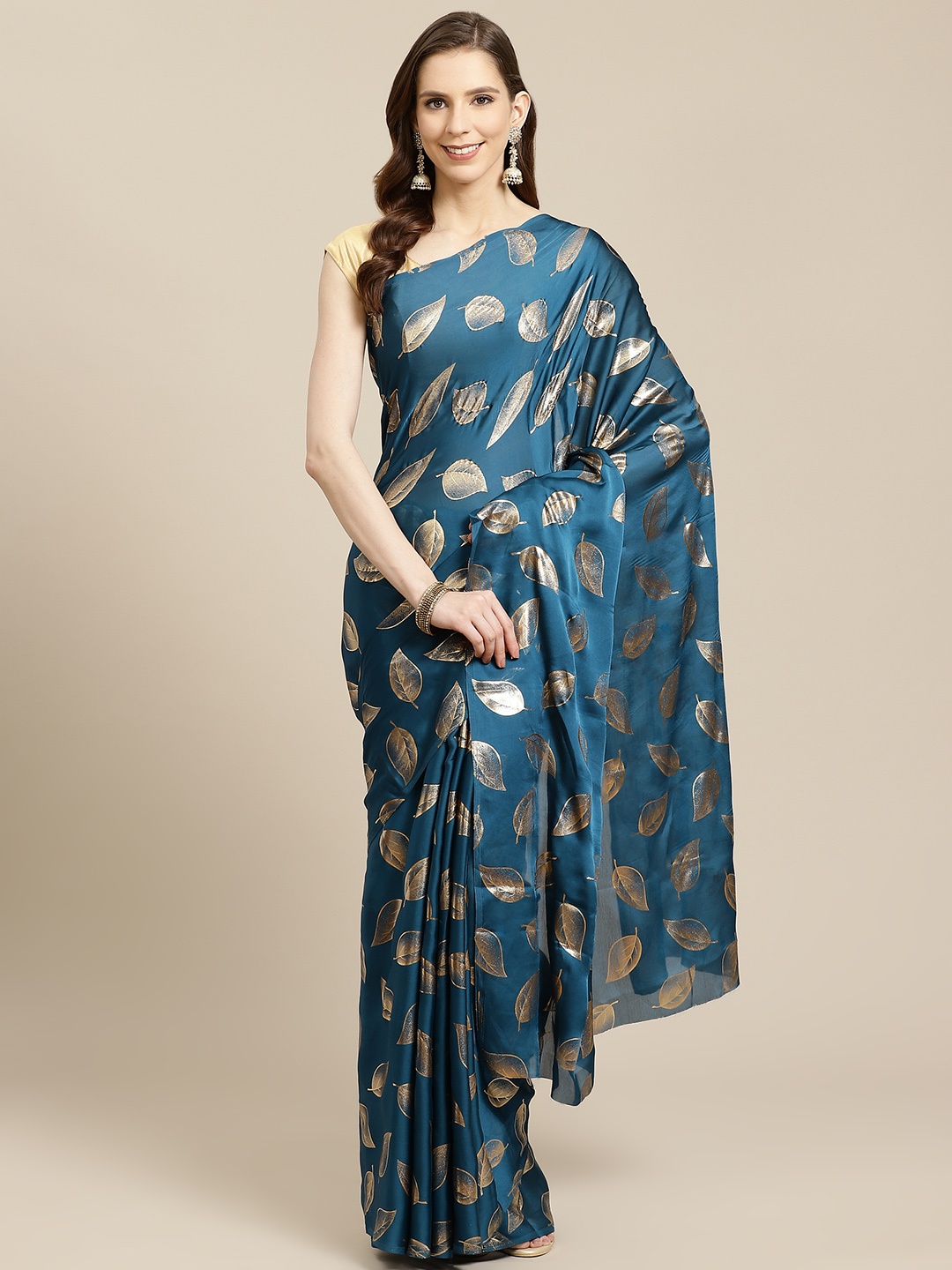 

SHOPGARB Teal Blue & Golden Leaf Print Saree