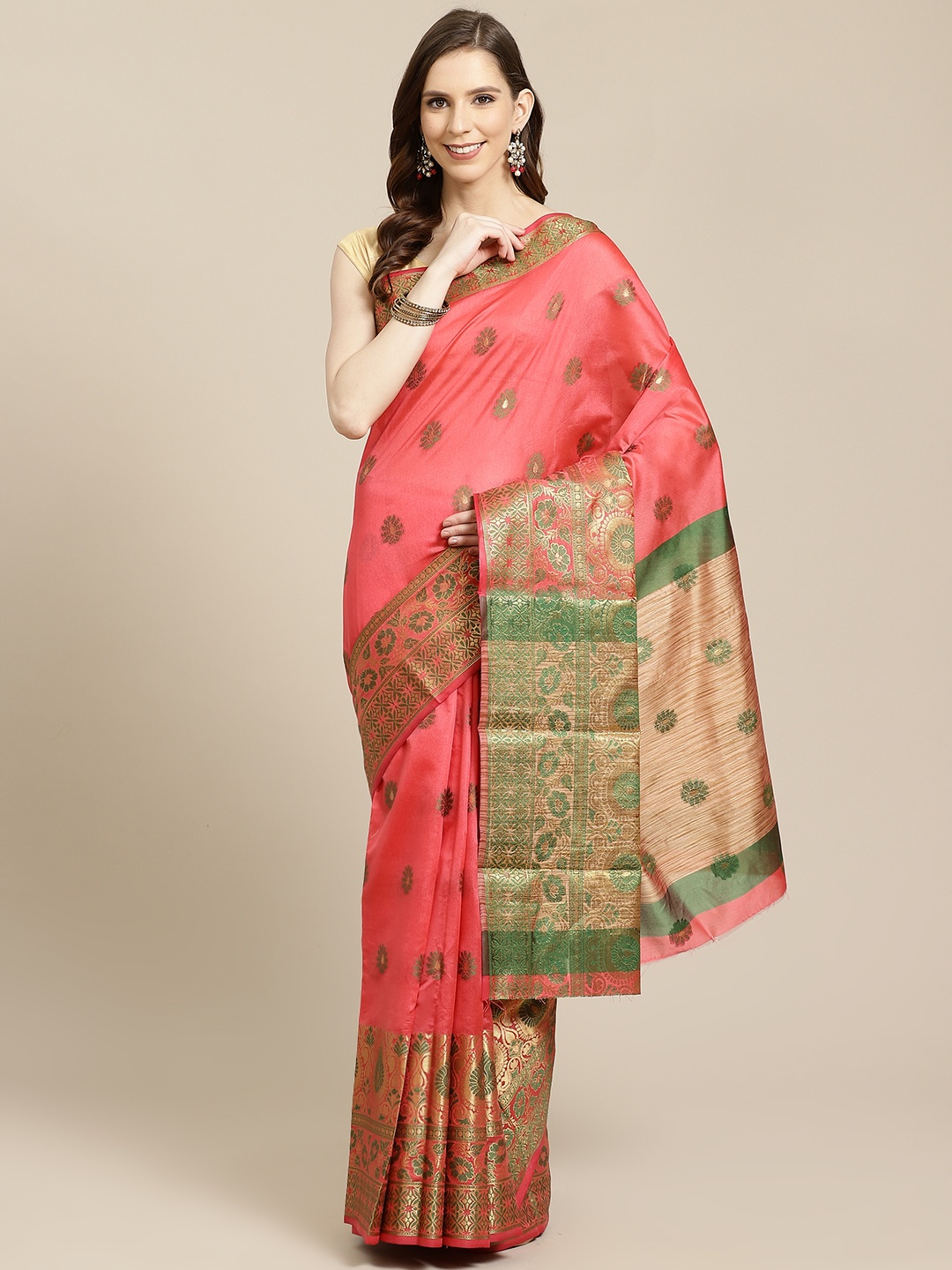 

SHOPGARB Coral Pink & Green Woven Design Banarasi Saree