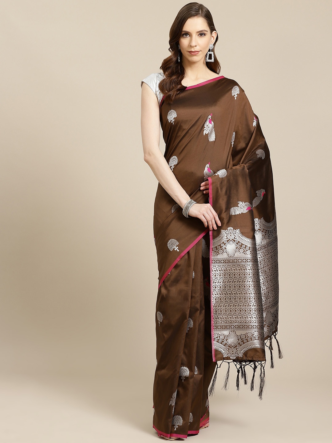 

SHOPGARB Coffee Brown & Silver Woven Design Banarasi Celebrity Saree