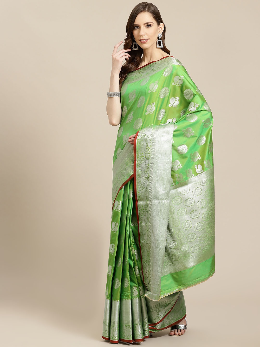 

SHOPGARB Green & Silver Woven Design Banarasi Celebrity Saree