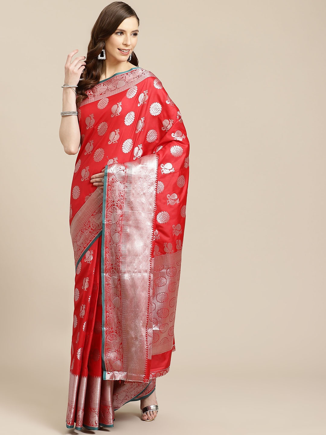 

SHOPGARB Red & Silver Woven Design Banarasi Celebrity Saree