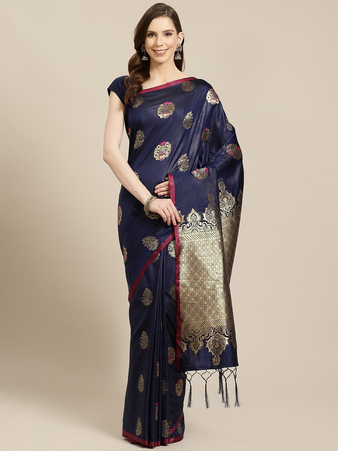

SHOPGARB Navy Blue & Golden Woven Design Banarasi Saree