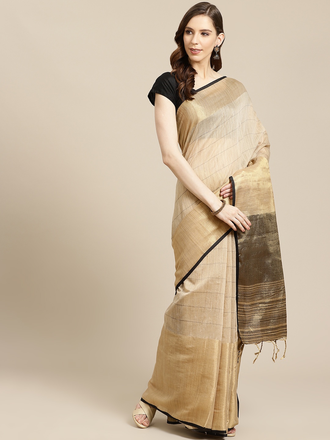 

SHOPGARB Beige & Black Striped Banarasi Saree