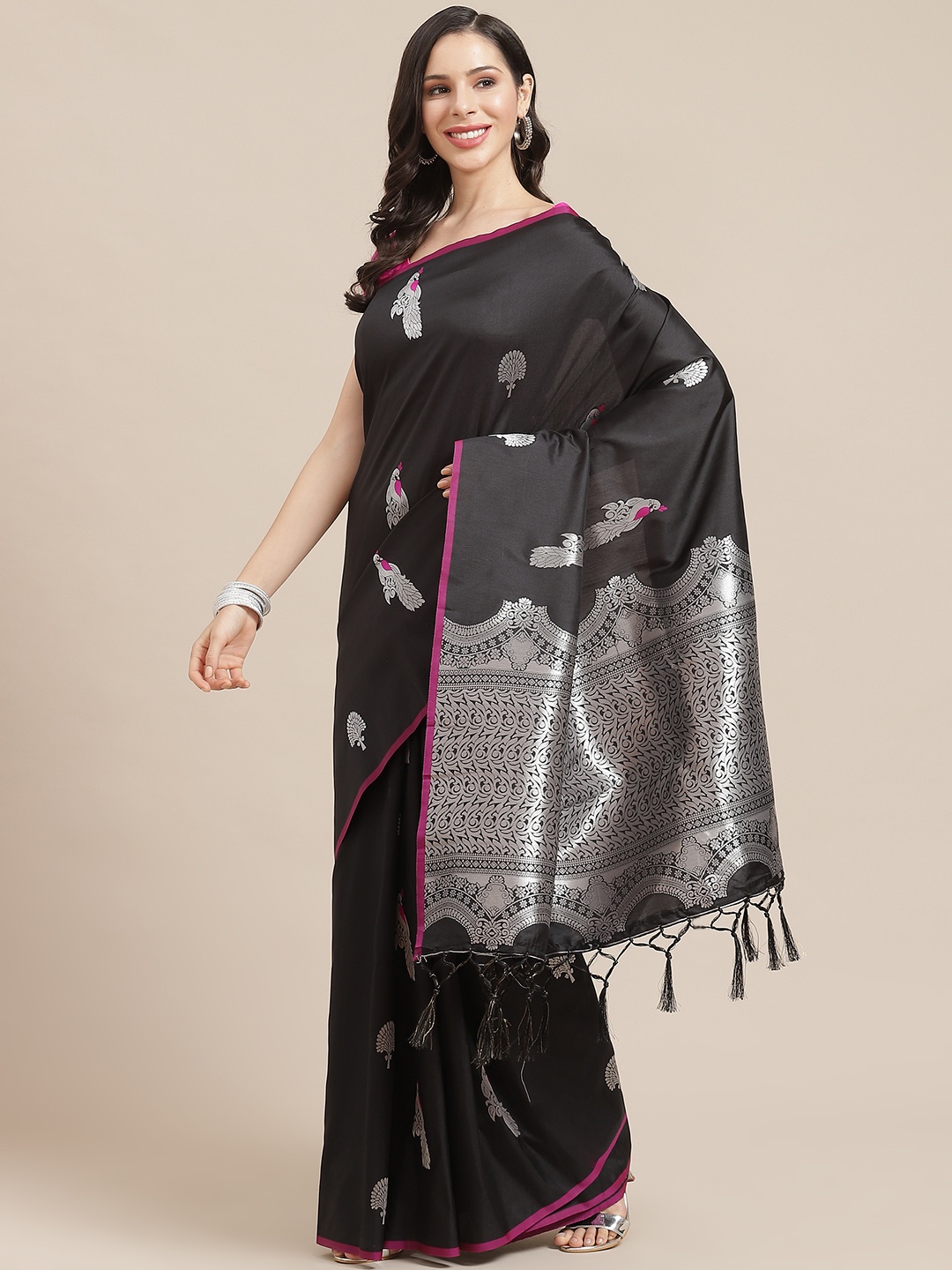 

SHOPGARB Black & Silver Woven Design Banarasi Saree