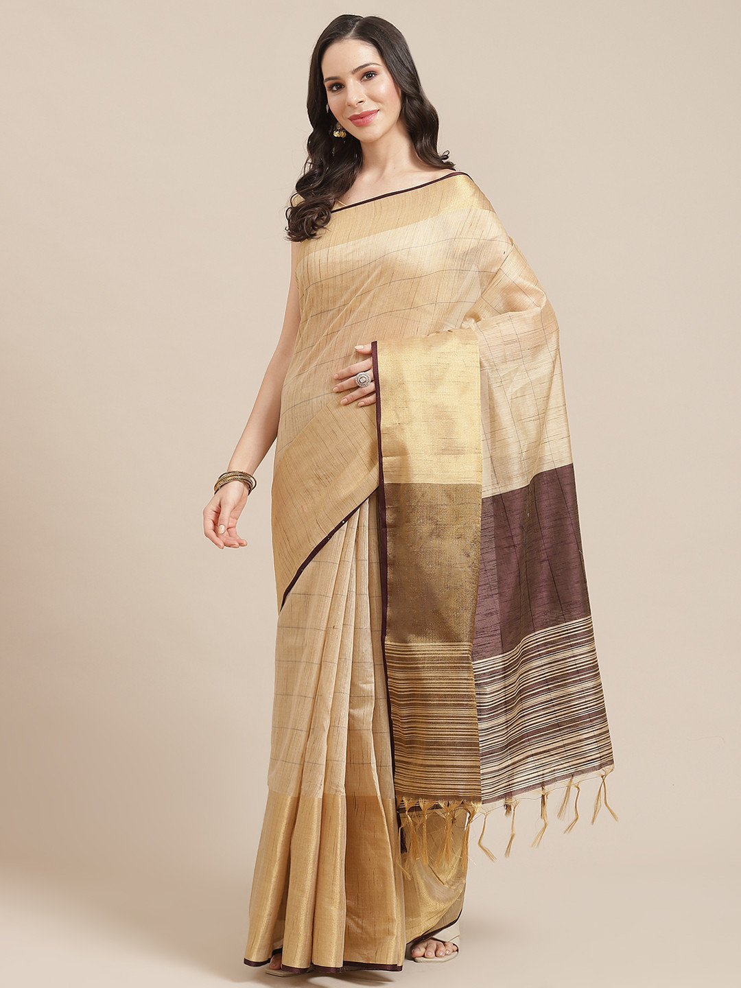 

SHOPGARB Beige & Golden Checked Celebrity Banarasi Saree