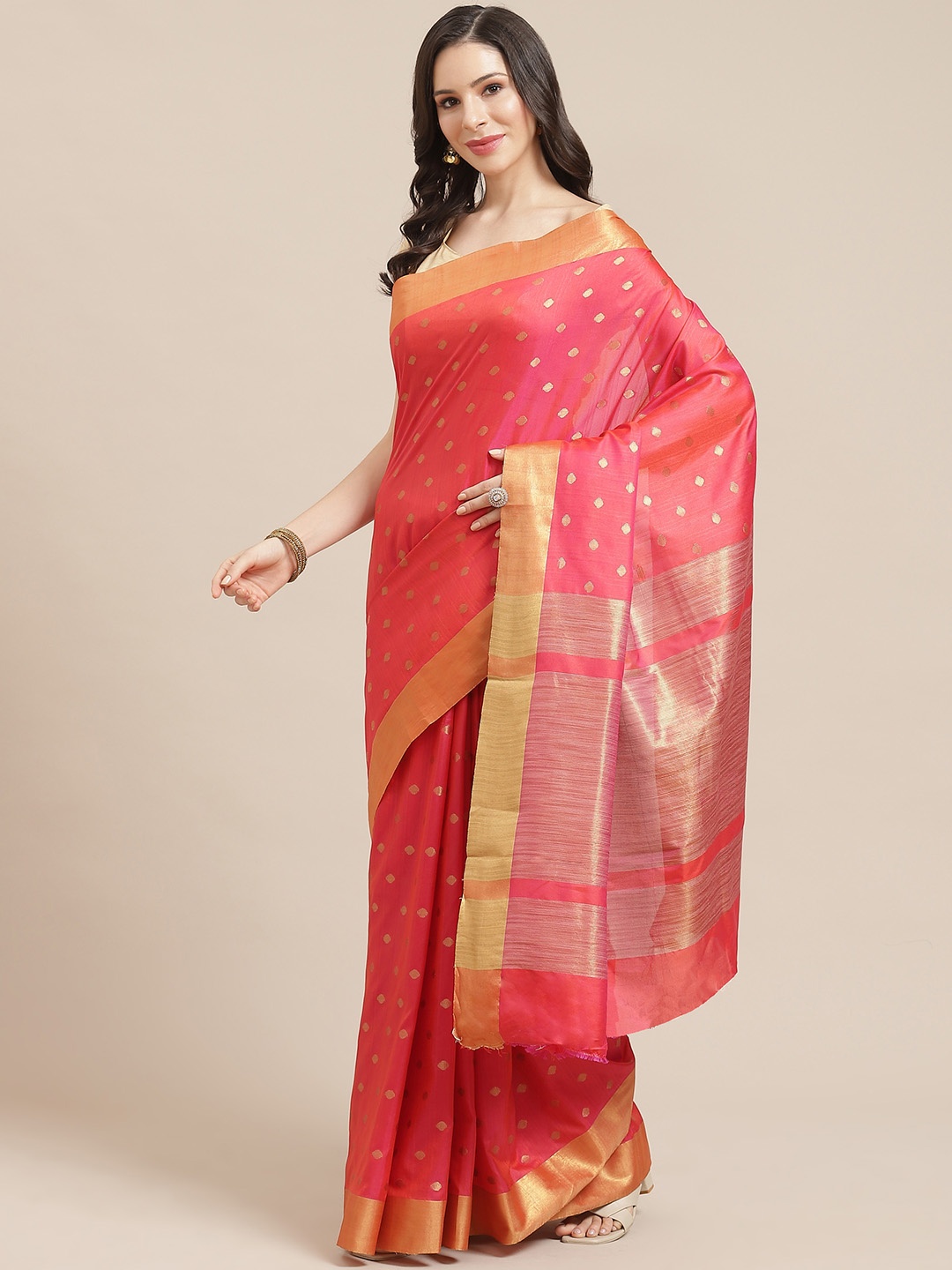 

SHOPGARB Coral Pink & Golden Polka Dots Woven Design Celebrity Banarasi Saree