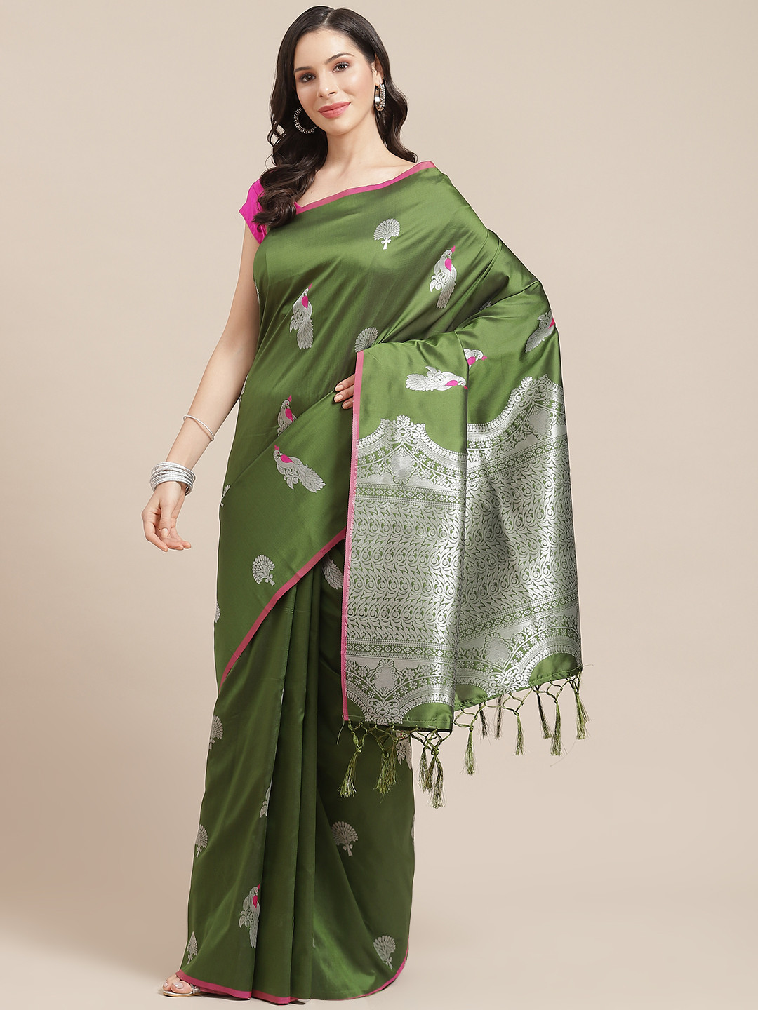 

SHOPGARB Green & Silver Ethnic Motifs Woven Design Celebrity Banarasi Saree