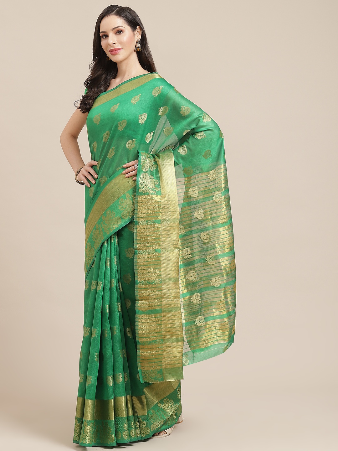 

SHOPGARB Green & Golden Silk Cotton Woven Design Banarasi Saree