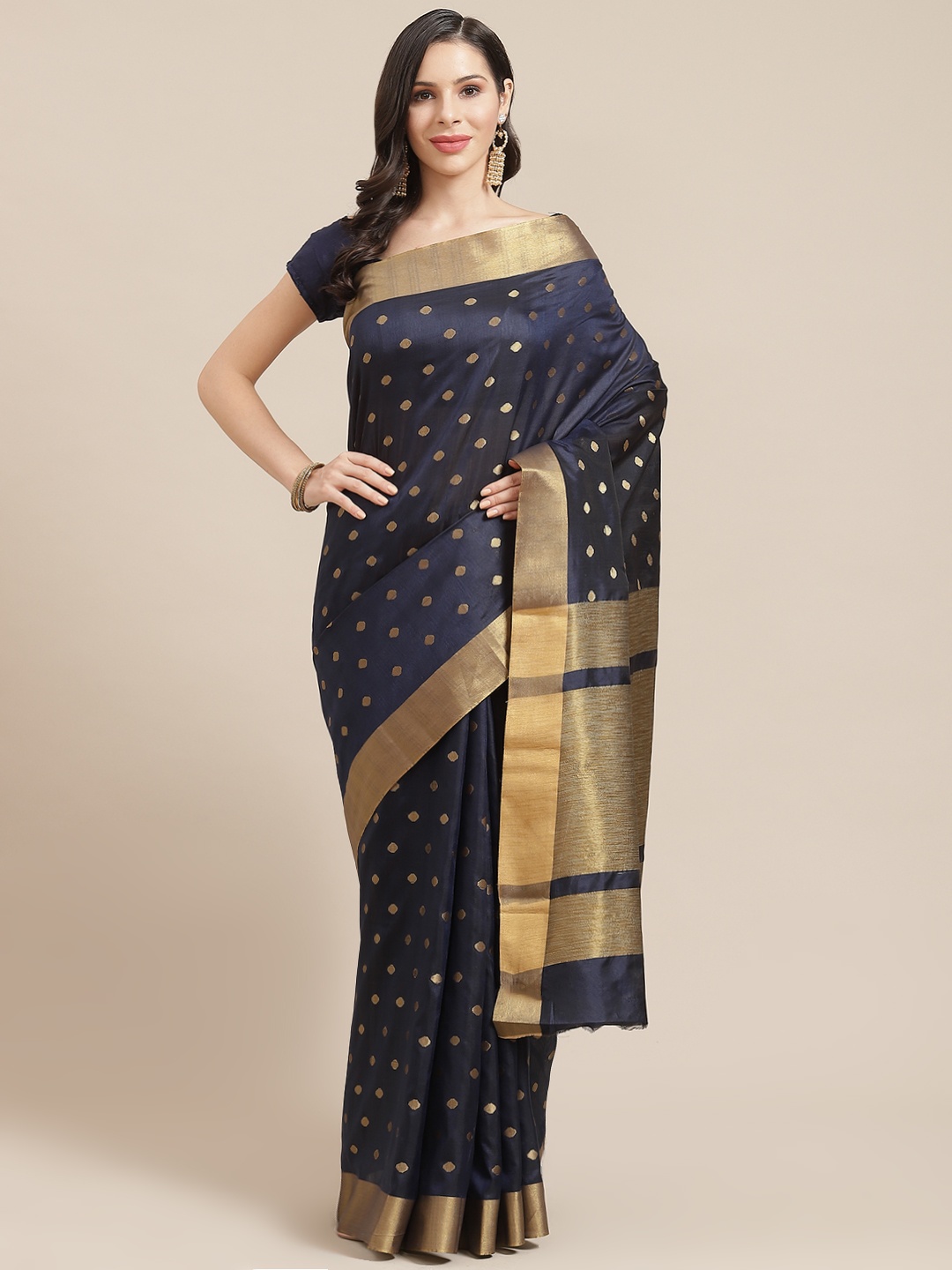 

SHOPGARB Navy Blue & Golden Silk Cotton Woven Design Banarasi Saree