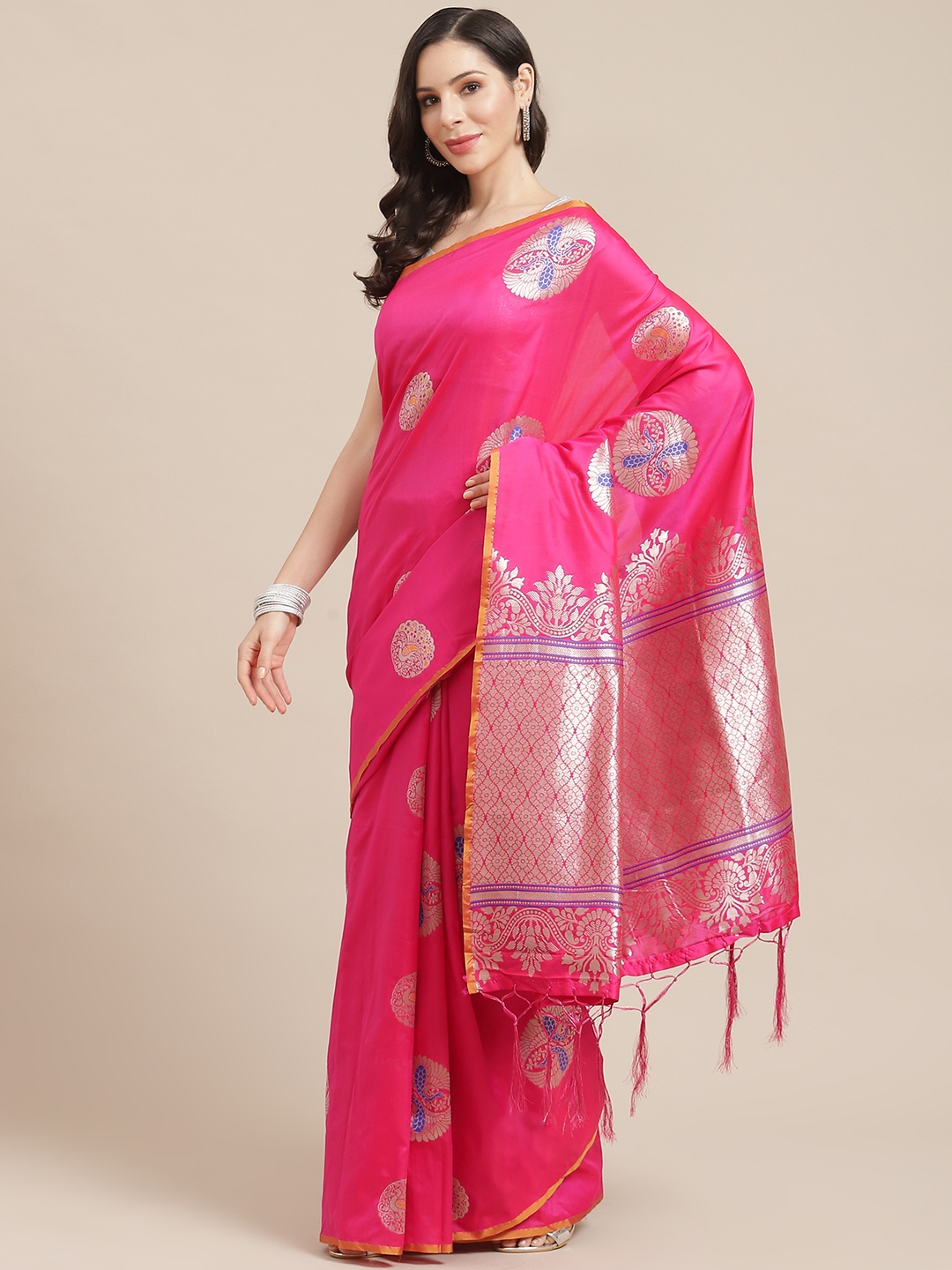 

SHOPGARB Pink & Silver Silk Cotton Woven Design Banarasi Saree